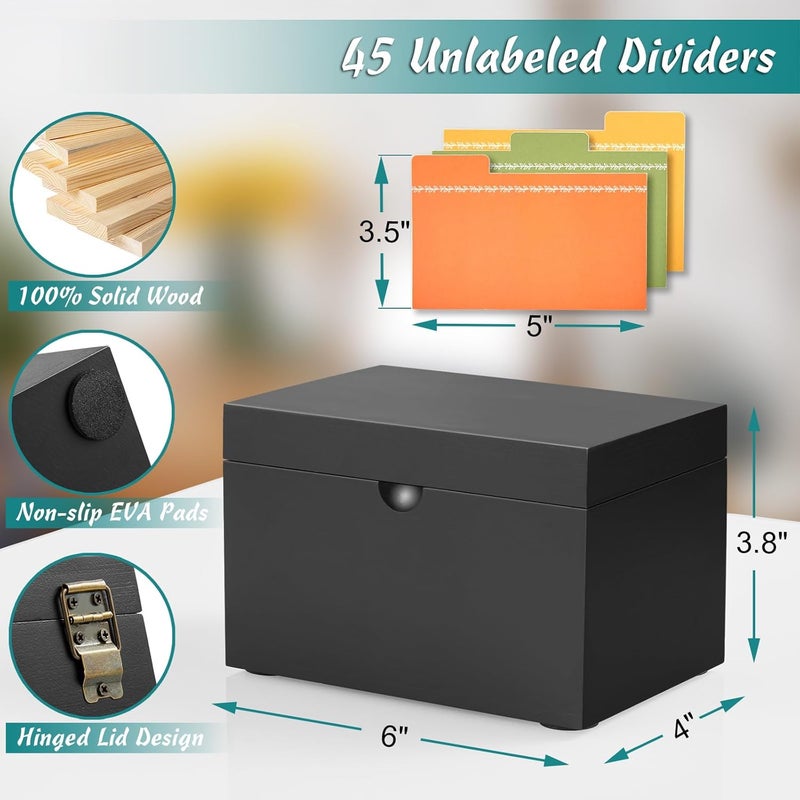 DRASTAR Index Card Holder 3x5, Wooden Index Card Organizer Box with 45 Index Card Dividers, Flashcard Notecard Holders for Home Office, Black - Image 2